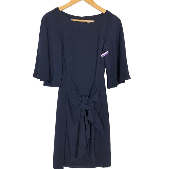 Vince Camuto Washer Dress Short Flutter Sleeve Jewel Neck Tie Waist Mini Navy 4 - Picture 4 of 9